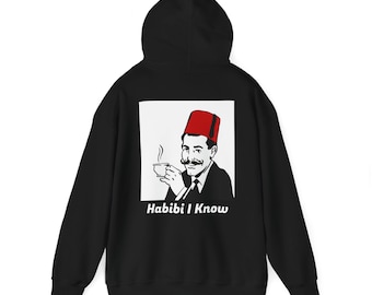 Arabic Unisex Hoodie- Habibi I know- cool hoodie, unique hoodie, cup of coffee, arabic man wearing tarbouch