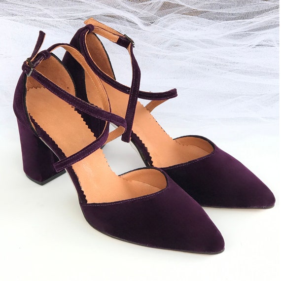 PLUM Velvet Block Heels Pointy Toe Plum Pumps Plum Wedding - Etsy