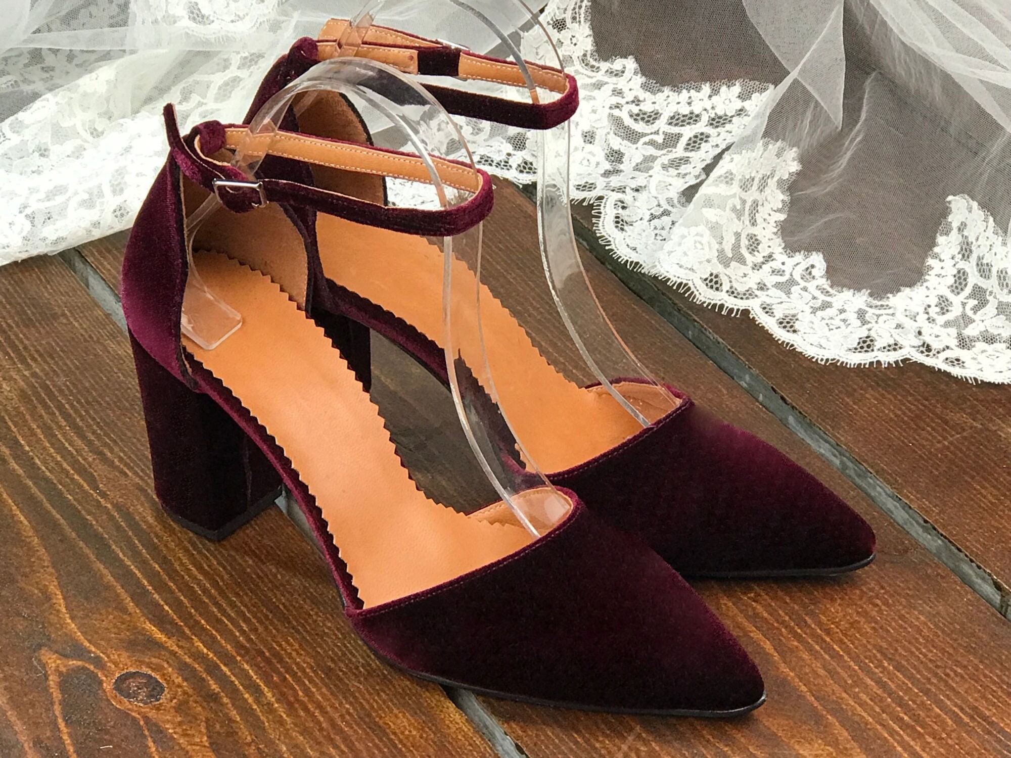 Burgundy Velvet Block Heels Ankle Strap Dark Red Heels Wine - Etsy
