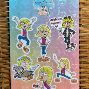 May include: A set of six holographic stickers featuring a cartoon girl in different poses. The stickers have a rainbow background with hearts and the text "whatever forever".