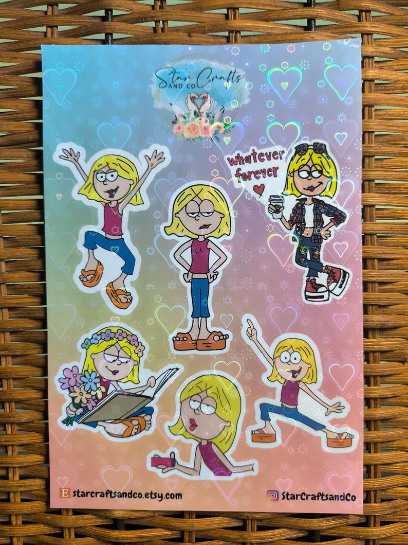May include: A set of six holographic stickers featuring a cartoon girl in different poses. The stickers have a rainbow background with hearts and the text "whatever forever".