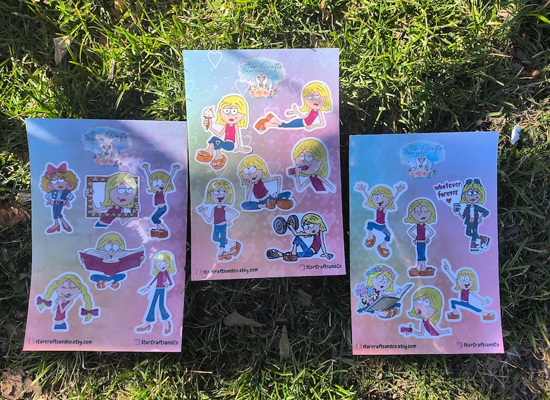 May include: Three sheets of stickers featuring cartoon girls with different poses and sayings. The stickers are printed on a light blue background with a pink and blue gradient. The stickers feature the text 'Star Crafts', 'Whatever Forever', and 'starcraftsindy.etsy.com'.