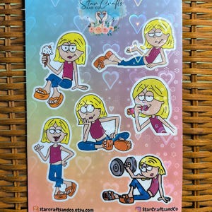 May include: A set of six colorful stickers featuring a cartoon character in different poses. The character is a young woman with blonde hair and is wearing a pink tank top, blue jeans, and orange sandals. The stickers are on a holographic background with hearts.