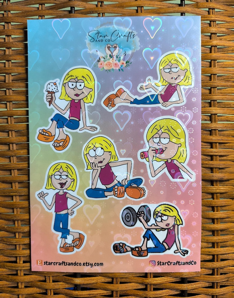 May include: A set of six colorful stickers featuring a cartoon character in different poses. The character is a young woman with blonde hair and is wearing a pink tank top, blue jeans, and orange sandals. The stickers are on a holographic background with hearts.