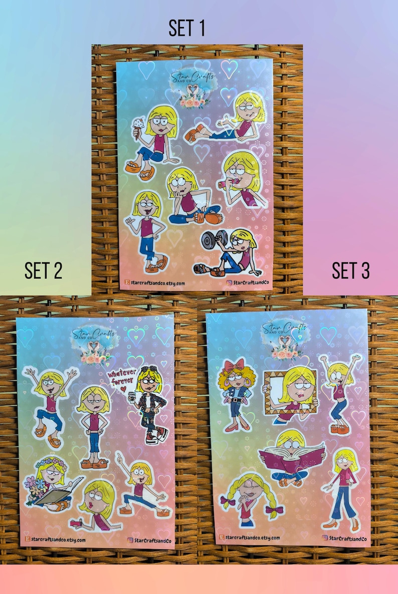 May include: Three sets of stickers featuring a cartoon girl in various poses. The first set shows the girl eating ice cream, exercising, and holding a dumbbell. The second set shows the girl with a book, holding a coffee cup, and doing yoga. The third set shows the girl holding a picture frame, reading a book, and standing with her hands in the air.