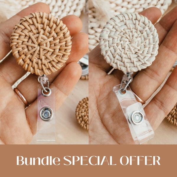 Bundle Badge Reel - Bobine d'insigne de rotin caramel et ivoire, insigne d'infirmière, enseignant, cadeau Boho, clip d'infirmière, accessoires, fête des mères