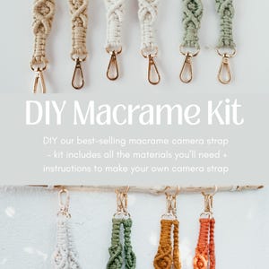 May include: A DIY Macrame Kit with various colored camera straps. The kit includes materials and instructions to make your own camera strap. The straps are in shades of beige, white, and green, with gold-colored clasps.