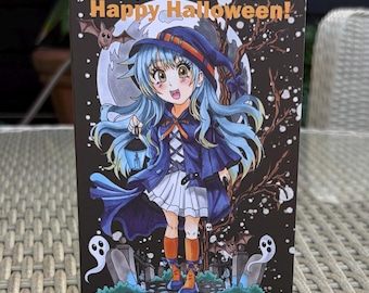 Hand Drawn Manga Halloween Card: Witch in a Graveyard (A6)