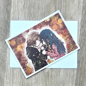Tarjeta romántica de pareja de anime, saludo de cumpleaños y boda, regalo de anime para parejas, tarjeta de boda para amantes del manga, dibujada digitalmente.
