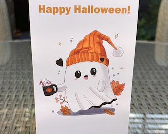 Chibi Ghost Halloween Card: Autumn Hot Chocolate Greeting (A6)