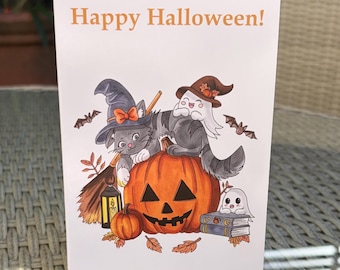 Hand Drawn Chibi Cat Halloween Card: Ghosts, Pumpkins, Autumn vibes (A6)