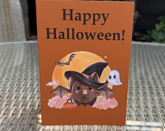 Hand Drawn Chibi Bat Halloween Card: Ghosts, Pumpkins, Autumn vibes (A6