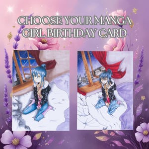 Manga Girl Geburtstag A6 Grußkarte mit Umschlag, Innenseite leer, Karte für jeden Anlass, Geburtstagskarte für Mädchen, Niedliches Geburtstagsgeschenk für Sie