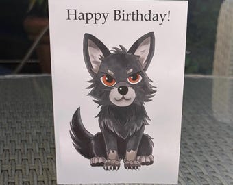 Anime Wolf Birthday Card: Hand Drawn Manga Animal Greetings A6 With Envelope