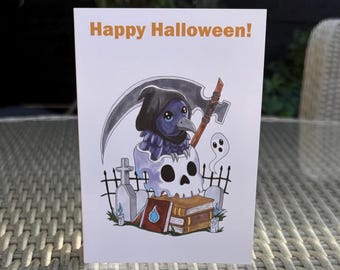 Hand Drawn Chibi Raven And Skull Halloween Card: Ghosts, Magical Books, Graveyard, Scythe (A6)
