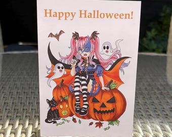 Anime Happy Halloween Card: Hand Drawn Manga Girl Greetings A6 With Envelope