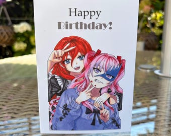 Anime Birthday Card: Hand Drawn Manga Girls Greeting A6 With Envelope