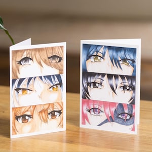Cartão de aniversário com olhos de mangá para meninos e meninas A6 Cartão de felicitações de anime Arte de mangá kawaii Presente de aniversário exclusivo para ela ou ele Cartão fofo para amantes de mangá