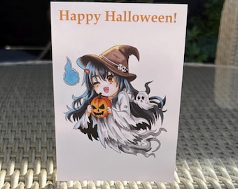 Chibi Happy Halloween Card: Hand Drawn Manga Ghost Girl Autumn Greetings A6 With Envelope