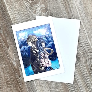 Romantic Anime Snow Card Manga Couple Greeting Card with Mountain Scene Anime Winter Art for Manga Lovers & Couples