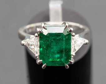 Emerald Engagement Ring, 18K White Gold, Three Stone Ring