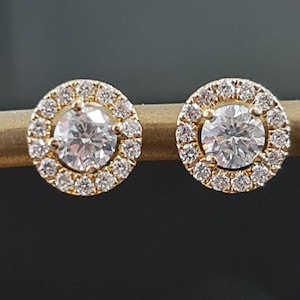 1.00 carat round diamond Earrings for women 14K Yellow Gold, Diamond Earrings studs, Birthday gift for women, Vintage Halo Diamond Earrings