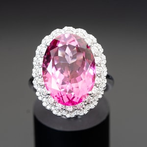 Vintage pink ring for women, Topaz Statement ring gift for wife ,20.79ct topaz 1.20ct diamond cocktail ring white gold, Anniversary gift