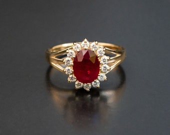 Oval Ruby Diamond Halo Ring, 18K Yellow Gold Engagement Ring