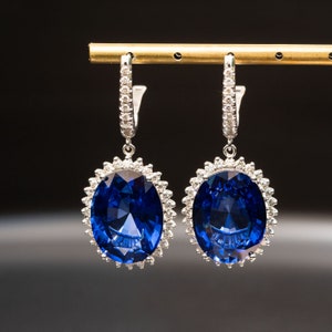 Blue Sapphire Earrings, Drop Sapphire diamond earrings, 14K gold white dangle sapphire wedding earrings for women, Gemstone earrings for her
