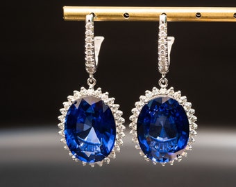 Blue Sapphire Diamond Earrings, 14K White Gold Dangle Earrings