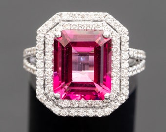 Topaz diamond ring for women engagement, Natural emerald pink topaz & diamond engagement ring igold white, Large pink ring, Anniversary gift