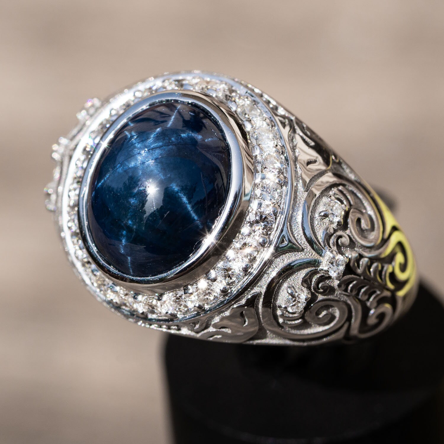 Men's natural star sapphire ring with round diamond accents, Statement ring for man, Birthday Gift for him, Father's Day