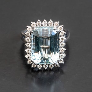 Large natural aquamarine statement ring for women with natural round diamond accents,  vintage anniversary ring white gold
