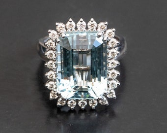 Large natural aquamarine statement ring for women with natural round diamond accents,  vintage anniversary ring white gold