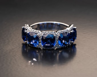 12.5 carat cushion sapphire engagement ring, Unique Gemstone engagement ring,5 stones Sapphire diamond ring