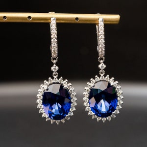 Dangle Sapphire earrings, White gold vintage sapphire earrings for her, Sapphire diamonds Earrings , Sapphire drop earrings for women