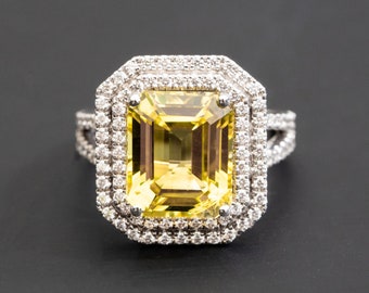 6.50 karaat gele saffier verlovingsring, grote edelsteen verlovingsring, Gele saffier ring voor vrouwen 6.50ct saffier 1.20ct diamanten