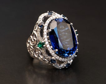 Declaración anillo de zafiro azul para las mujeres, Anillo de diamantes de zafiro de cóctel, Anillo de zafiro grande para ella, Regalo de aniversario para mujeres,