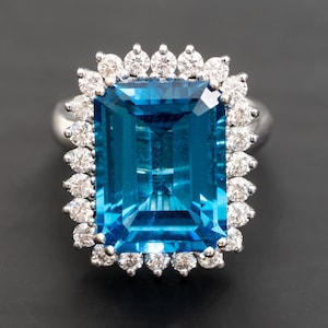 Natural emerald blue topaz & diamond ring in 14K gold white, Large gemstone ring, Gift for her, Anniversary ring for women