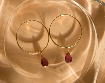 Garnet Hoop Earrings, Garnet Earrings, January Birthstone Jewelry, Garnet Jewelry, Dainty Hoops, 14K Gold Filled Hoops, Gold Garnet Hoops