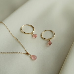 Strawberry Quartz Earrings, Pink Quartz Hoop Earrings, 14K Gold Filled Hoop Earrings, Gift For Her, Strawberry Quartz Hoops, Dainty Hoops