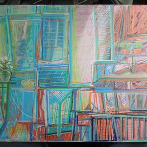 May include: A rectangular painting featuring a vibrant interior scene with layered lines in shades of teal, pink, orange, and blue. The composition depicts a room with windows, a table holding a vase of white flowers, and potted plants.