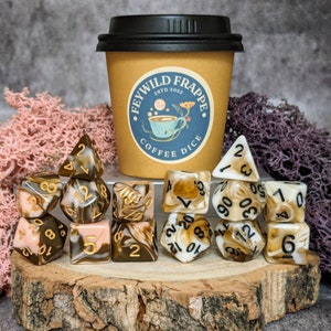 Coffee Dice Gift | Brown and Pink or Cream Swirl Coffee Themed Dice Set for D&D and Tabletop Games | Coffee Dice in Cup | Cute DnD Dice