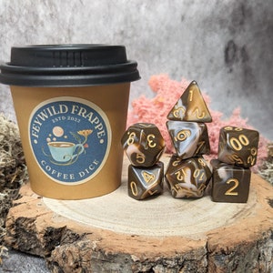 Coffee Dice Gift | Brown and Cream Pink Swirl Coffee Themed Dice Set for D&D and Tabletop Games | Coffee Dice in Cup | Brown DnD Dice