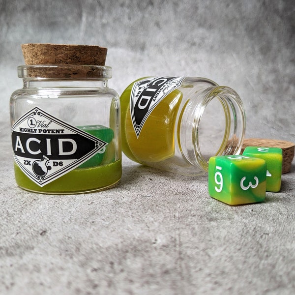 D&D Acid Dice | Potion Bottle Dice | DnD Dice Gift | Green and Yellow Dice | D6 Dice | Dungeons and Dragons Prop Item