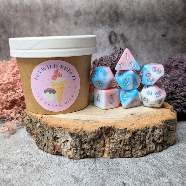 Ice Cream Dice Gift | Pink, Blue, and White Swirl Ice Cream Themed Dice Set for D&D and Tabletop Games | Cute DnD Dice