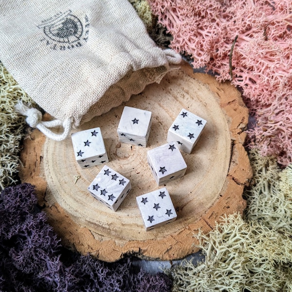 6 D6 Dice Set White and Black Star Pips | Handmade Stone Effect Pipped D6 Set for D&D and Tabletop Games | Marble DnD Dice with Stars