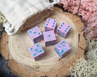 6 D6 Dice Set Pink and Blue Star Pips | Handmade Stone Effect Pipped D6 Set for D&D and Tabletop Games | Cute Pink DnD Dice with Stars