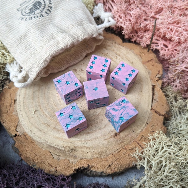 6 D6 Dice Set Pink and Blue Star Pips | Handmade Stone Effect Pipped D6 Set for D&D and Tabletop Games | Cute Pink DnD Dice with Stars