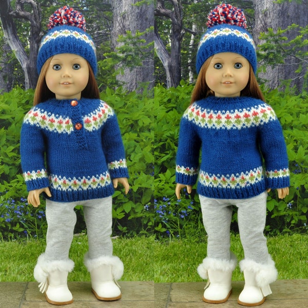 Doll clothes knitting pattern, PDF instant download, Fair isle seamless sweater and hat knitting pattern fits 18 in doll like American Girl